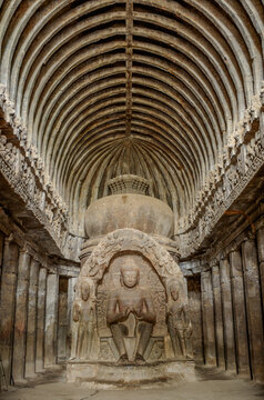 Chaitya (Buddha statue) in Viswakarma Cave (Cave 10). Ellora, Maharashtra, India. Asia.