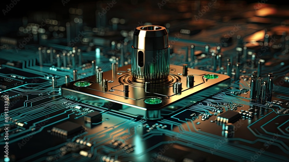 Poster high tech computer chip motherboard with processor transistors microchips, computer it data security