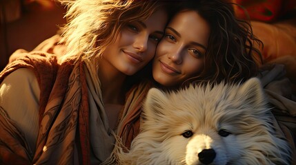 Two beautiful young happy smiling women hugging dog while lying in bed - obrazy, fototapety, plakaty