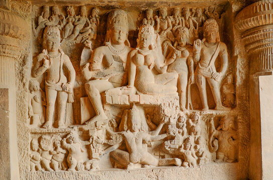 Shiva parvati and ravana dumar leni at ellora cave, Aurangabad, Maharashtra, India
