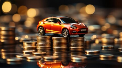 New modern car stands on a stack of gold coins money, concept of buying a car, car loan and leasing - obrazy, fototapety, plakaty