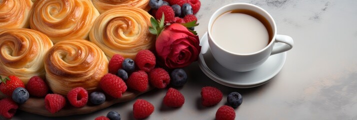 Obraz na płótnie Canvas Tray Tasty Breakfast Bouquet Roses Gift, Banner Image For Website, Background, Desktop Wallpaper