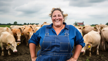 overweight female Dutch farmer on his agriculture field with cows ,generative ai