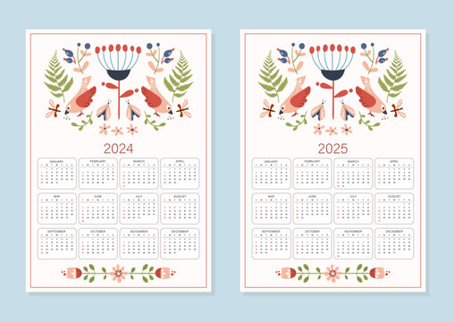 Folk hygge style calendar 2024 and 2025, whole year calendar printable template A4 format with folklore nordic motif with flowers and birds, hand drawn vector design