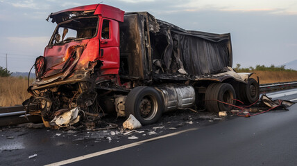 damaged truck after an accident on the highway ,generative ai