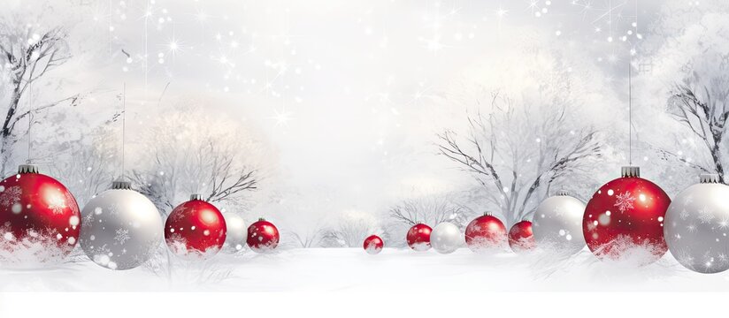 background of a winter wonderland, a beautifully designed Christmas scene comes to life with a white color scheme, adorned with a mix of red decorations and delicate glass balls, creating a festive