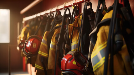Firefighters gear hangs on hooks, Safety suit for firefighters ,generative ai - obrazy, fototapety, plakaty