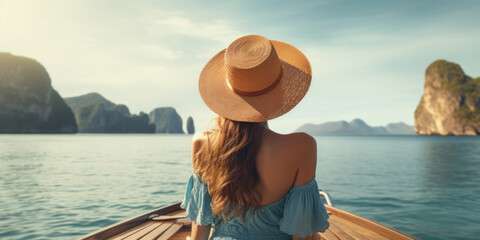 Young woman in straw hat and blue dress sitting on the boat and looking at the sea - Powered by Adobe