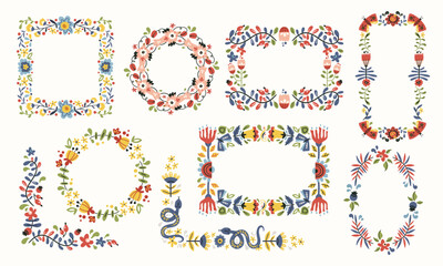 Folk decorative frames clip arts vector set in Scandinavian style, hygge isolated designs on white. Collection of classic folk floral frames. The scandi motifs - birds, flowers, leaves