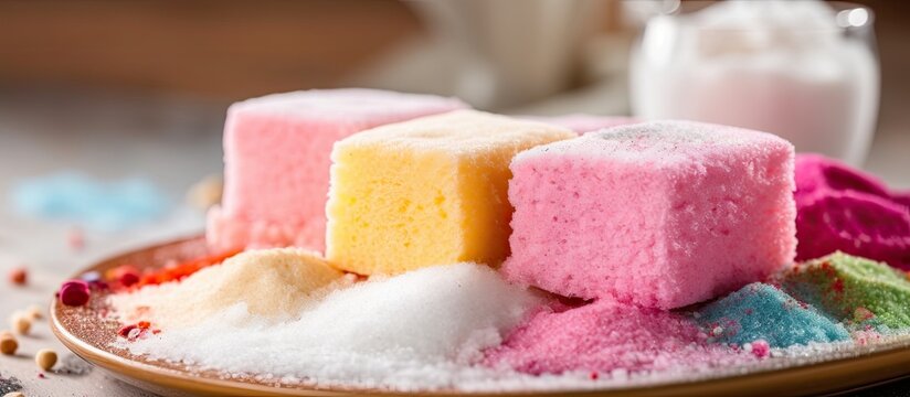 background of the isolated white kitchen, a colorful and healthy cake made from rice flour is being prepared bakery, destined to become a delightful and satisfying traditional dessert or snack when