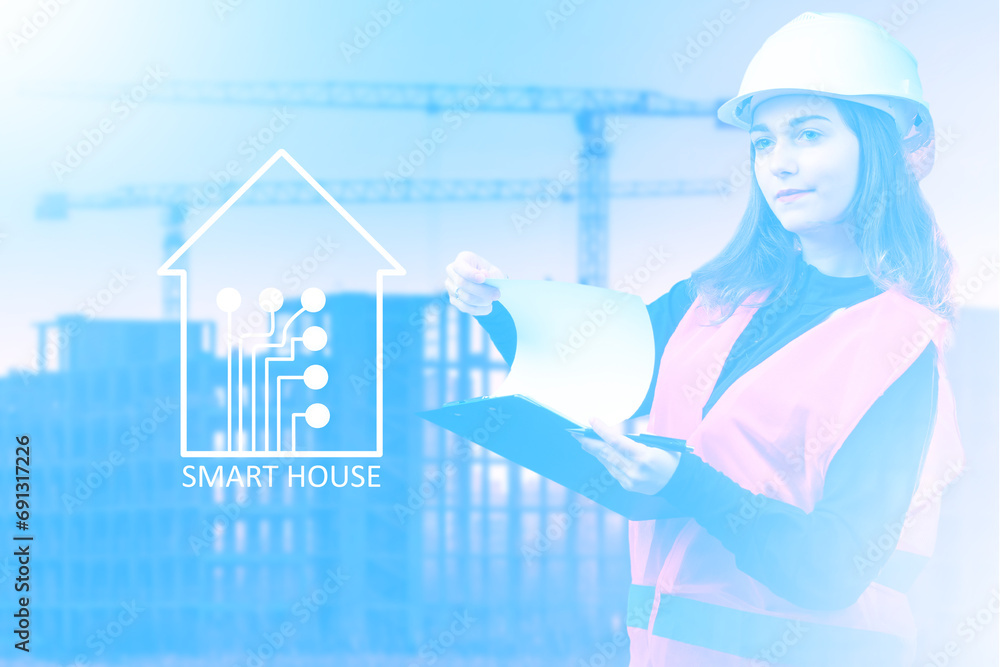 Aufkleber smart house technology. woman builder. developer of smart house system. innovations in architecture.