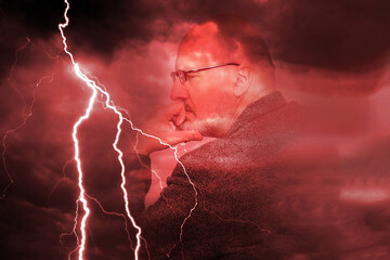 Pensive man. Lightning near businessman. Midlife crisis concept. Upset man near stormy sky....