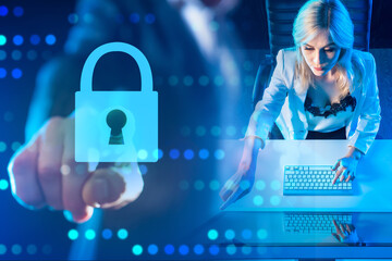Business woman sitting at computer. Authorization by fingerprint. Girl office worker. Cyber security specialist. Woman uses fingerprint for authentication. Padlock metaphor for computer security