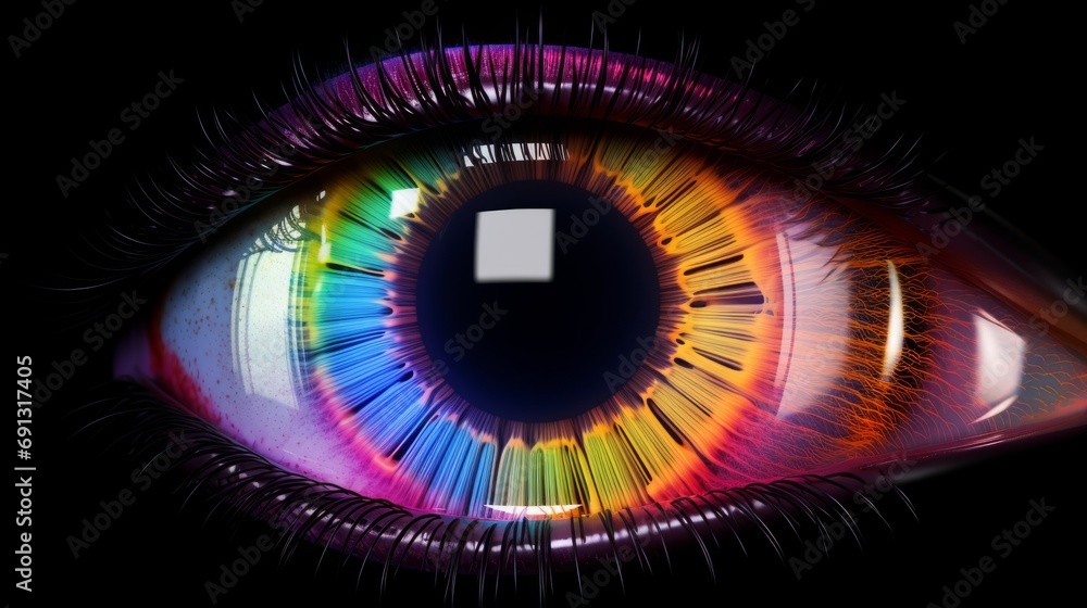 Poster vibrant iris animation concept: rainbow lines burst from bright binary circle, creating a multicolor