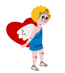 Cupid hiding heart behind his back. Cute character in doodle style.