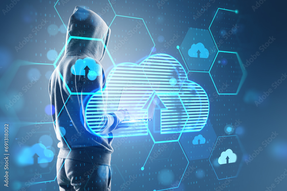 Aufkleber Hacker using laptop with glowing hexagonal cloud computing hologram with binary coding on blurry background. Safety, hacking, malware and internet concept. Double exposure.