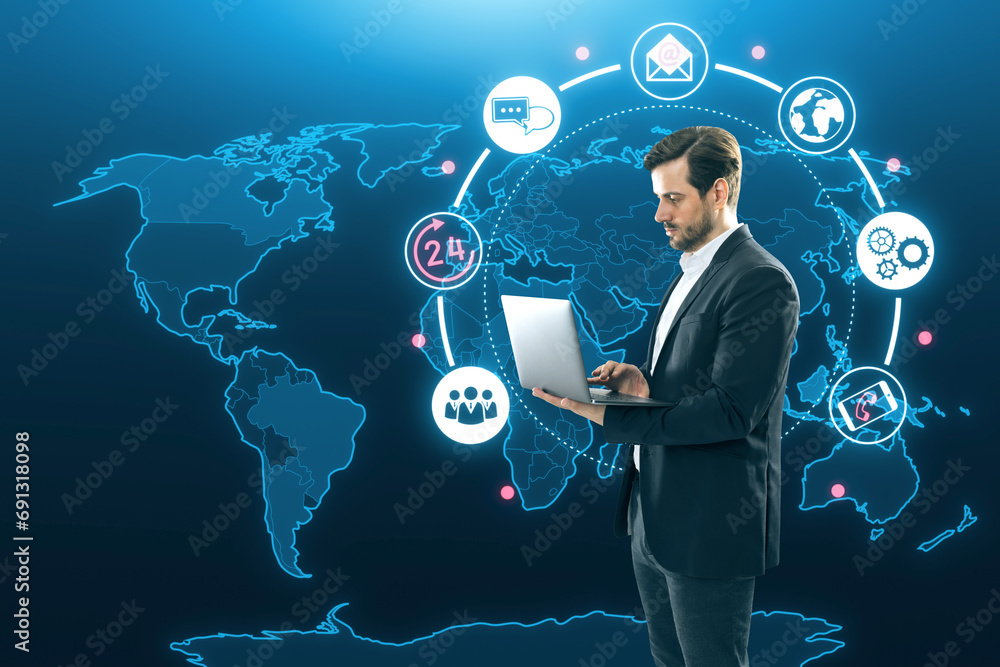 Poster attractive young european businessman using laptop computer with creative global map hologram with 2