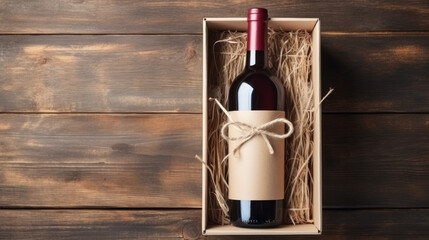 Craft beer bottle in wooden gift box on rustic table