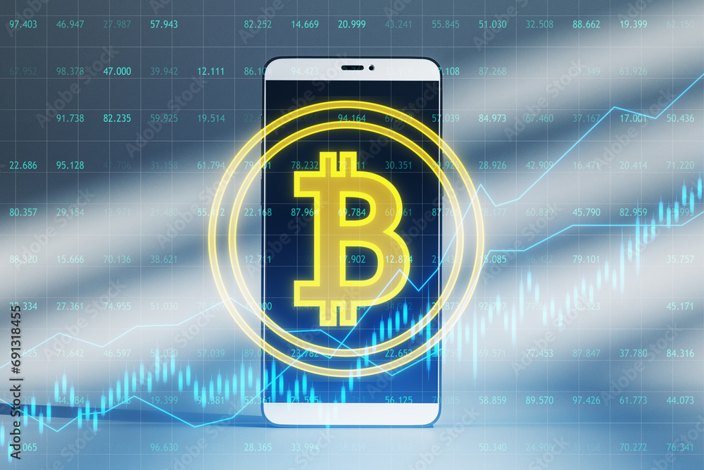 Poster close up of mobile phone with creative bitcoin button, grid, index and candlestick hologram on blurr