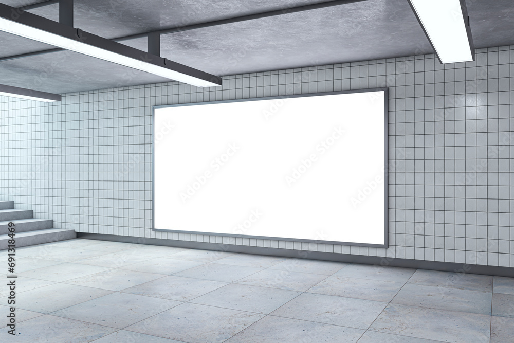 Poster modern underground passage with empty mock up billboard, ceiling lamps and stairs. subway tile wall.