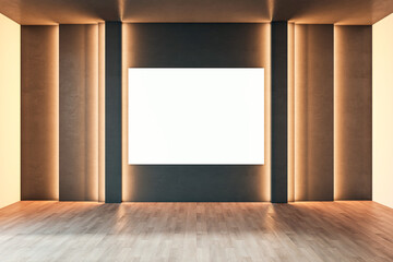Modern empty gallery room interior with white mock up banner on illuminated dark wall. 3D Rendering.