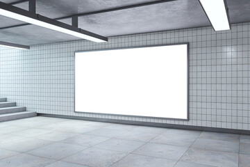 Modern underground passage with empty mock up billboard, ceiling lamps and stairs. Subway tile wall. 3D Rendering. - obrazy, fototapety, plakaty