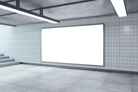 Modern underground passage with empty mock up billboard, ceiling lamps and stairs. Subway tile wall. 3D Rendering.
