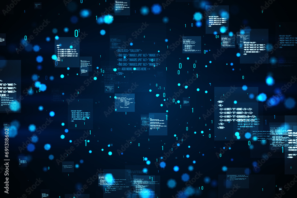Fototapete Creative binary coding backdrop. Software programming code. 3D Rendering.