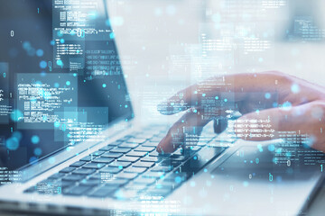 Close up of hands using laptop with creative binary coding hologram on blurry background. Software programming code. Double exposure.