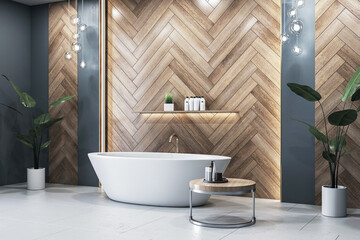 Elegant bathroom with white freestanding tub and wood panel wall. 3D Rendering