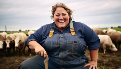 overweight female Dutch farmer on his agriculture field with cows ,generative ai