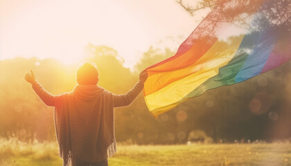 People with diverse sexualities People waving rainbow flags behind the sun ,generative ai - obrazy, fototapety, plakaty
