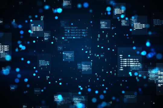 Creative binary coding backdrop. Software programming code. 3D Rendering.