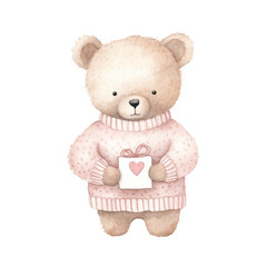 Watercolor of cute bear is holding gift box, Valentine's day Concept.