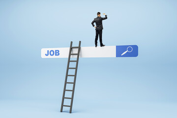Businessman on JOB search bar with a telescope, career search and vision