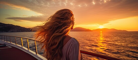 Young woman enjoying luxury yacht travel, savoring the sunset on the boat deck at sea.