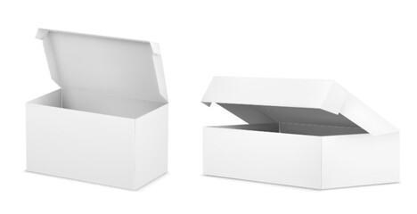 White open cardboard box mockup. Realistic vector illustration set of blank carton package for delivery or gift concept. Rectangular paper pack mock up for corporate and brand presentation.