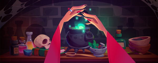 Witch hands conjuring over cauldron with brewing green glowing potion with bubbles. Cartoon game vector illustration of table with magical wizard ingredients and accessories for poison-making.