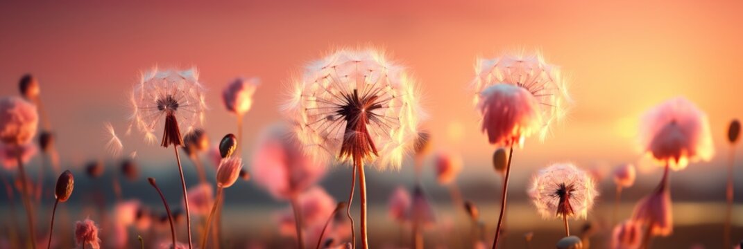 Fluffy Dandelions Glow Rays Sunlight Sunset, Banner Image For Website, Background, Desktop Wallpaper