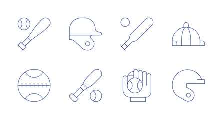 Baseball icons. Editable stroke. Containing baseball cap, baseball helmet, baseball glove, baseball bat, baseball.