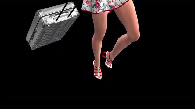 Pretty Female Traveler - Walk Loop - Front Ground Angle - CU - 3D animation isolated with alpha channel on transparent background