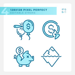 Pixel perfect blue icons set representing economic crisis, editable thin line illustration.