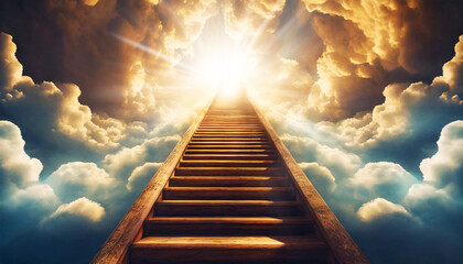 Stairway to Heaven. A long empty wooden staircase among beautiful cumulus clouds against a blue sky with sunbeams. - obrazy, fototapety, plakaty