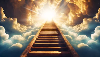 Foto auf Acrylglas Stairway to Heaven. A long empty wooden staircase among beautiful cumulus clouds against a blue sky with sunbeams. © Alberto Masnovo