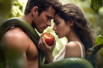 A contemporary interpretation of Adam and Eve with an apple and a serpent.
