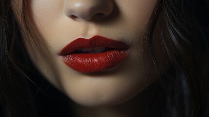 Extreme close-up of a Woman sensual mouth slightly open to see white teeth with a red shiny lipstick and long brown hair