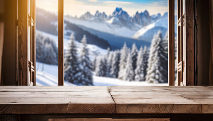 Wooden Table and Window with a Soft Focus Winter Trees Landscape in the Mountains
