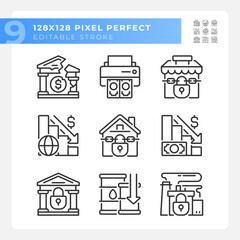 Pixel perfect black icons representing economic crisis, editable thin line illustration set.