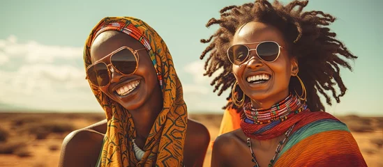 Foto op Plexiglas Young African women enjoying a happy vacation in Kenya's desert, seeking travel, freedom, and adventure. © TheWaterMeloonProjec