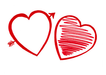 Set of two hearts isolated on white background. Contour drawing in red. Doodle. One of hearts is pierced with an arrow. Another heart is filled with chaotic strokes. Symbols of love, Valentine's Day.